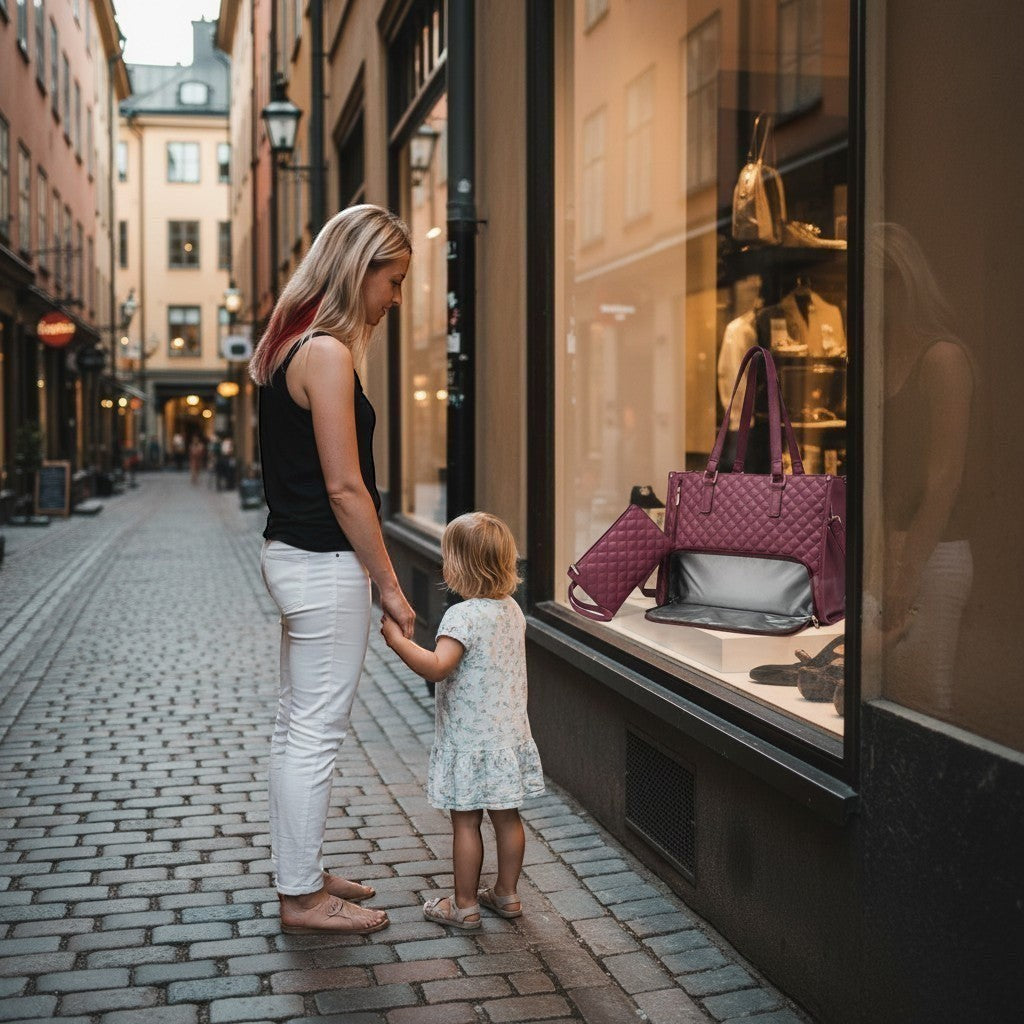 ZenZon Nordic quilted burgundy faux leather tote bag with insulated lunch compartment and matching wallet.