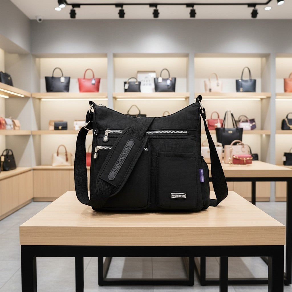 ZenZon Nordic black nylon crossbody bag with multiple zippered pockets and adjustable strap in a retail store.