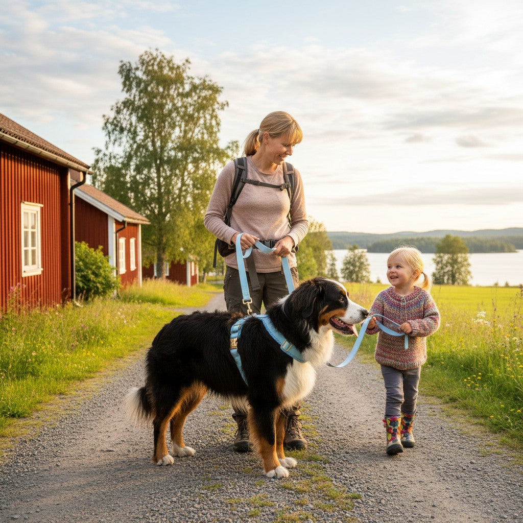 ZenZon Nordic light blue mesh and faux leather dog harness with adjustable straps and a matching leash. Features a gold buckle with personalized engraving.