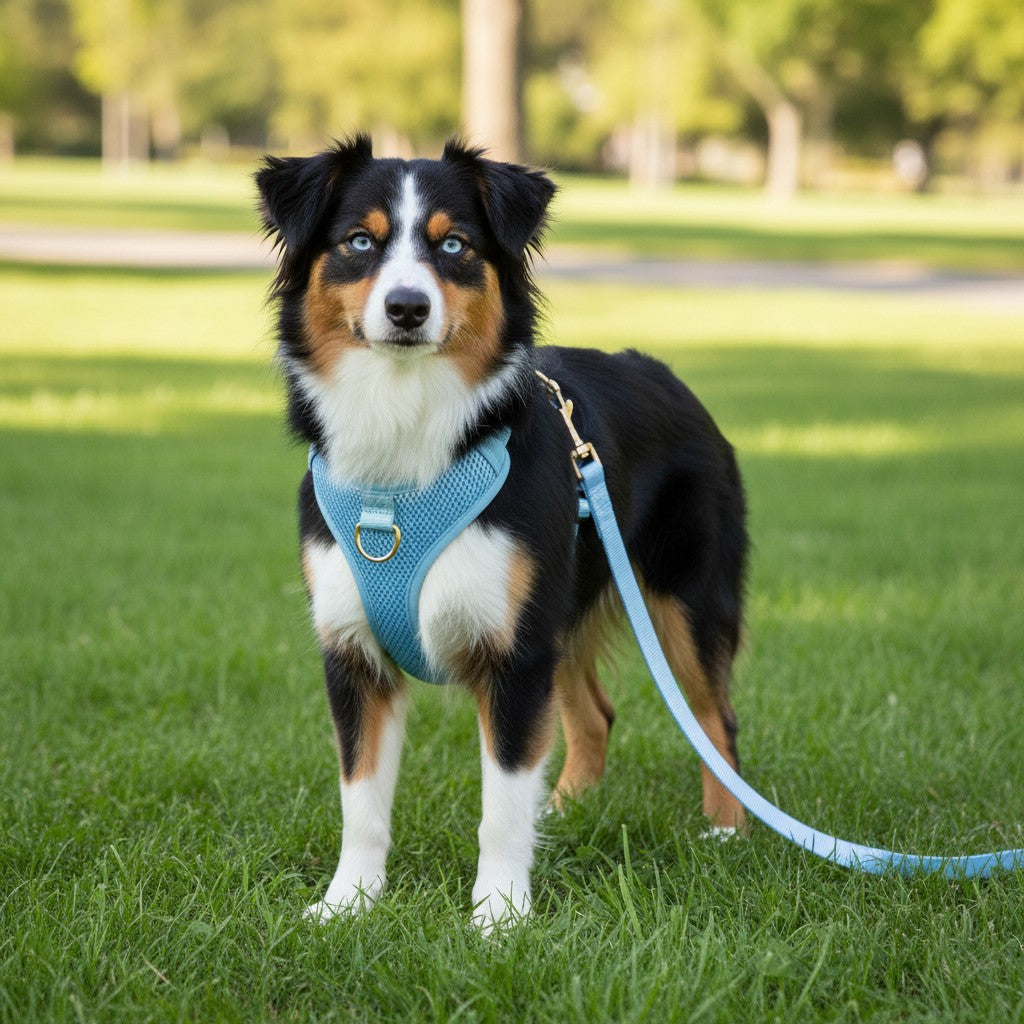 ZenZon Nordic light blue mesh and faux leather dog harness with matching leash and gold hardware. Features adjustable straps and a personalized buckle.