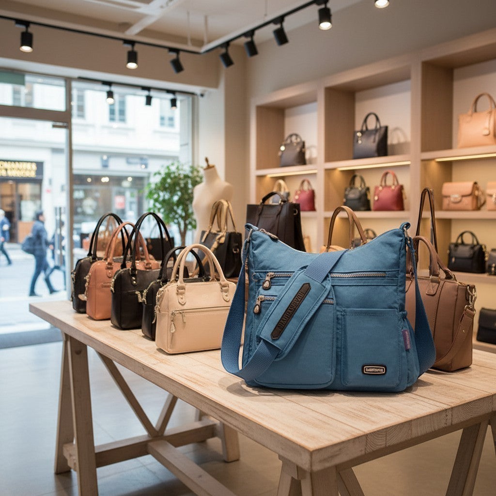ZenZon Nordic blue nylon crossbody bag with multiple zipper compartments on a wooden display table in a store.