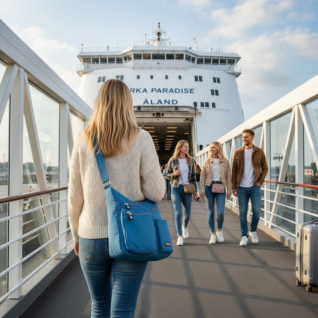 ZenZon Nordic blue nylon crossbody bag worn by a woman walking on a ferry gangway with friends in the background.