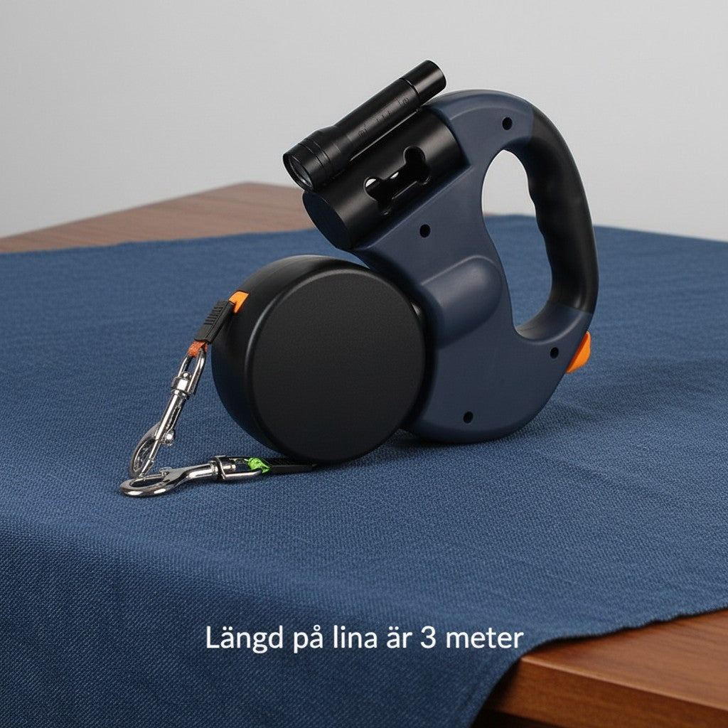 ZenZon Nordic blue retractable dual dog leash with built-in LED flashlight and waste bag holder on a blue cloth