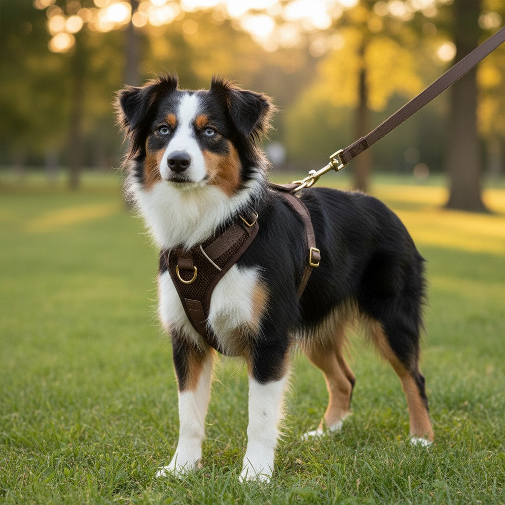 ZenZon Nordic brown adjustable dog harness with leash, breathable mesh, and personalized buckle.