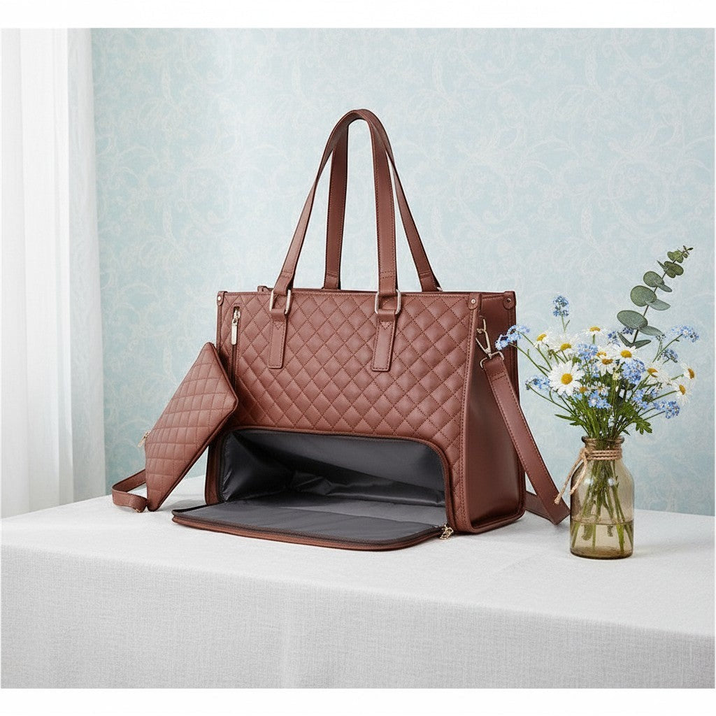 ZenZon Nordic brown quilted faux leather tote bag with insulated lunch compartment and matching wallet.