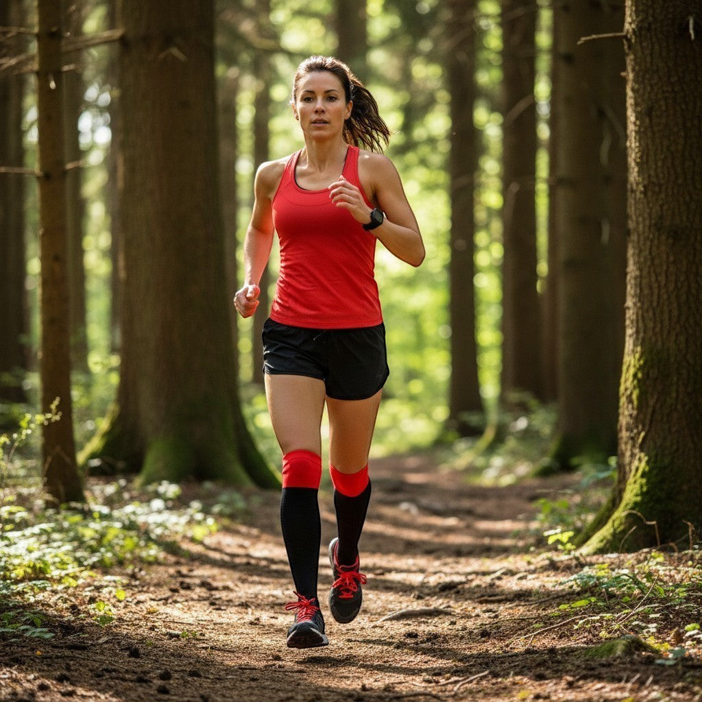 ZenZon Nordic black and red nylon compression socks for running and training. High socks with supportive fit.