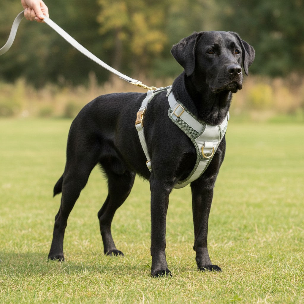ZenZon Nordic white and grey mesh dog harness with matching leash, adjustable straps, and gold hardware.