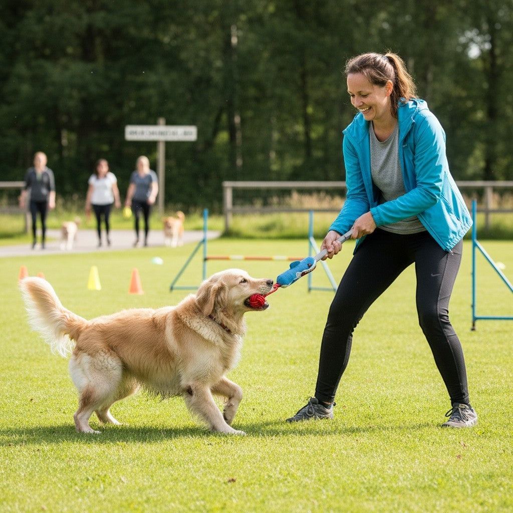 ZenZon Nordic dog playing tug of war with a cotton rope toy on a grassy field with its owner