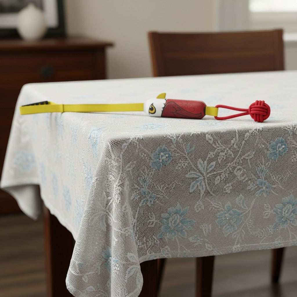 ZenZon Nordic eagle shaped cotton rope dog toy with yellow pull strap resting on a floral tablecloth