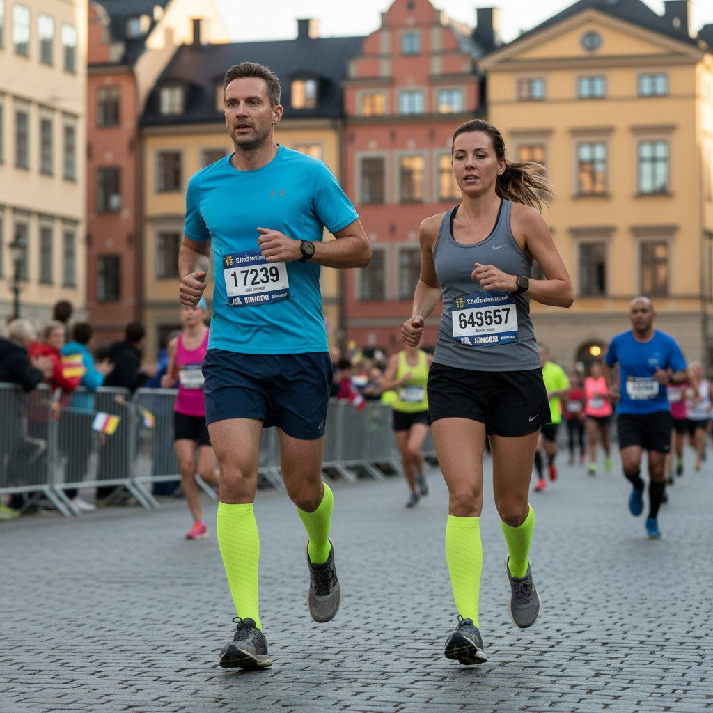 ZenZon Nordic fluorescent green and grey nylon compression socks for running and training. High socks with supportive fit.