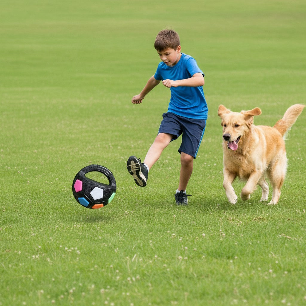 ZenZon Nordic black football-shaped dog toy with colorful panels and handle, squeaks when bitten.