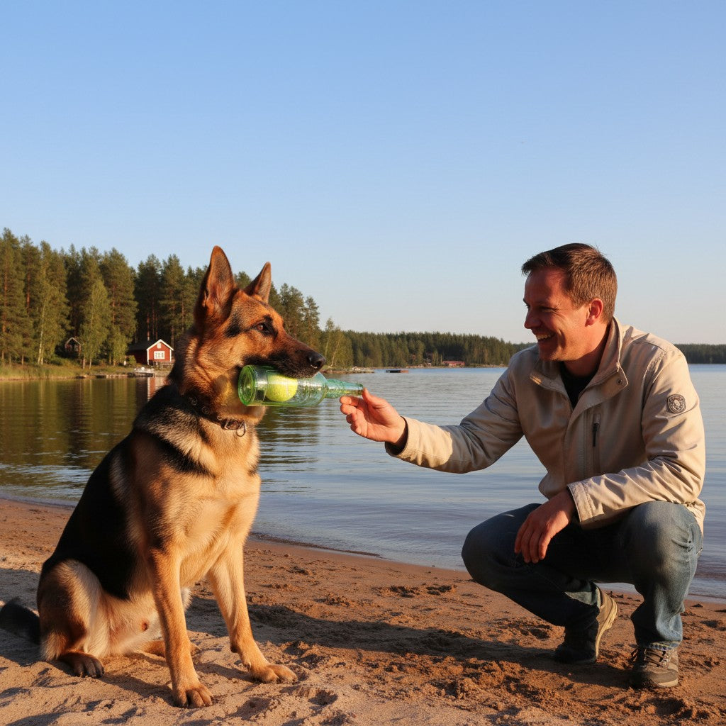 ZenZon Nordic green bottle-shaped dog toy with a squeaky tennis ball inside, made of durable natural rubber.