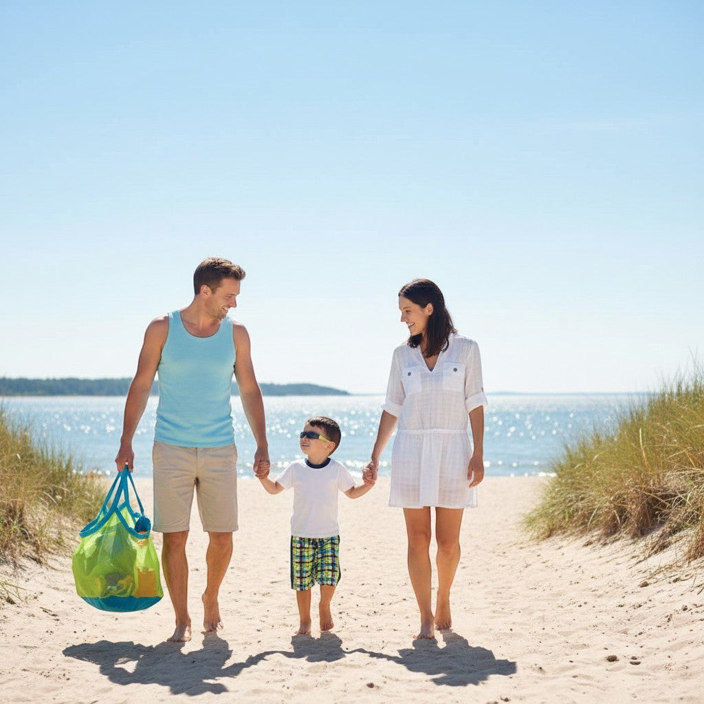 ZenZon Nordic green mesh beach bag filled with toys, carried by a family walking on a sandy beach path.