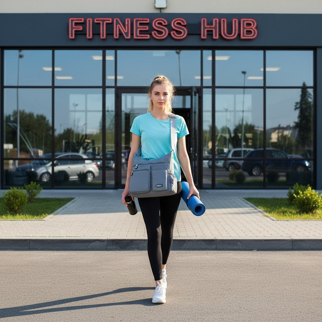 ZenZon Nordic grey nylon crossbody bag with multiple zip pockets worn by a woman walking outside a fitness center.