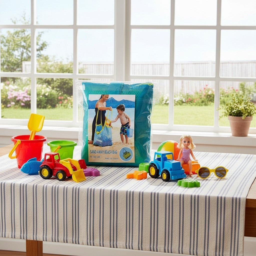 ZenZon Nordic foldable mesh beach bag in packaging surrounded by colorful plastic sand toys on a striped table