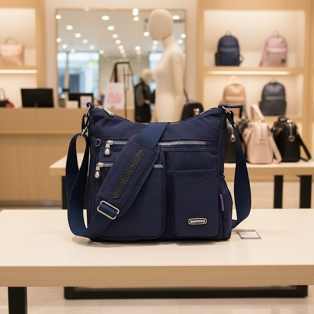 ZenZon Nordic navy blue nylon crossbody bag with multiple zippered pockets and an adjustable strap in a retail store.