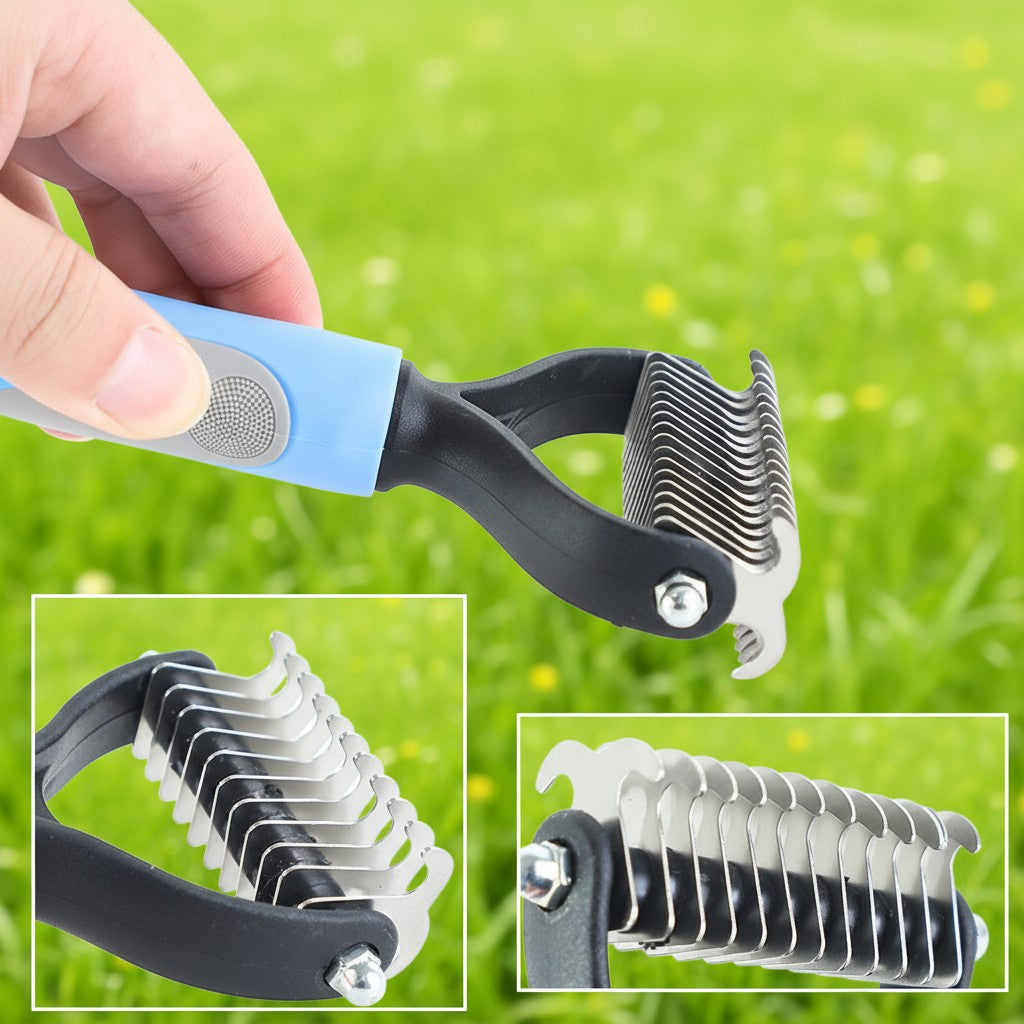 ZenZon Nordic double-sided pet grooming brush with stainless steel blades and blue ergonomic handle.