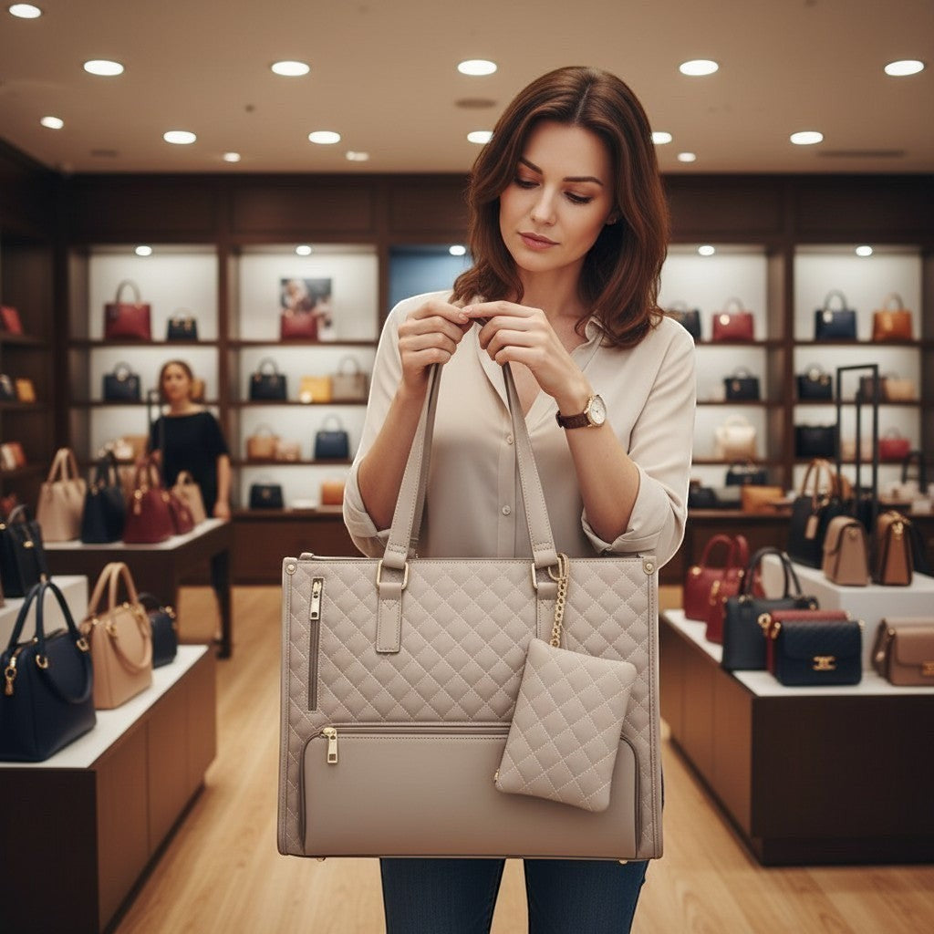 ZenZon Nordic light beige quilted faux leather tote bag with insulated lunch compartment and matching pouch.