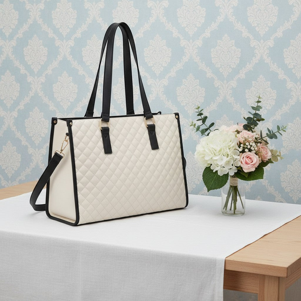 ZenZon Nordic cream quilted faux leather tote bag with black trim and handles, insulated lunch compartment, and laptop sleeve.