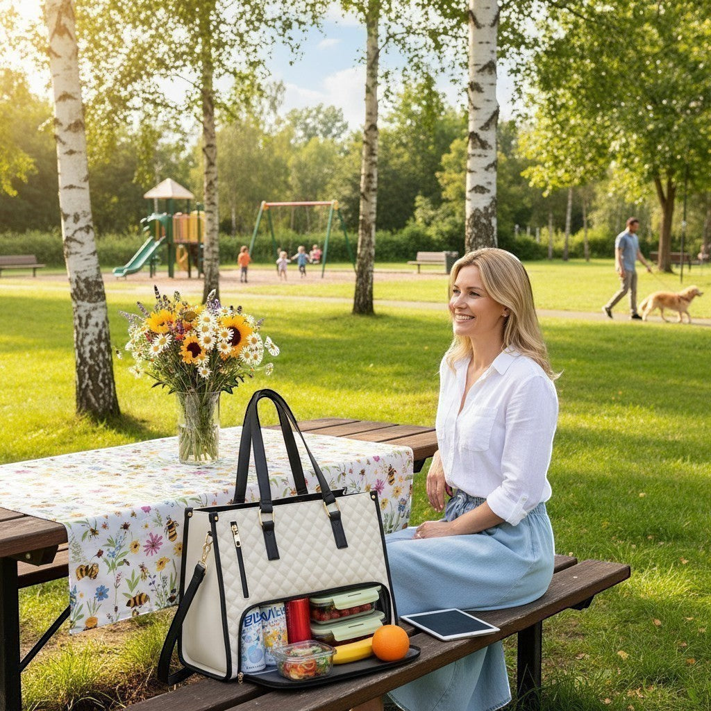 ZenZon Nordic quilted cream faux leather tote bag with insulated lunch compartment and laptop sleeve, perfect for work or study.