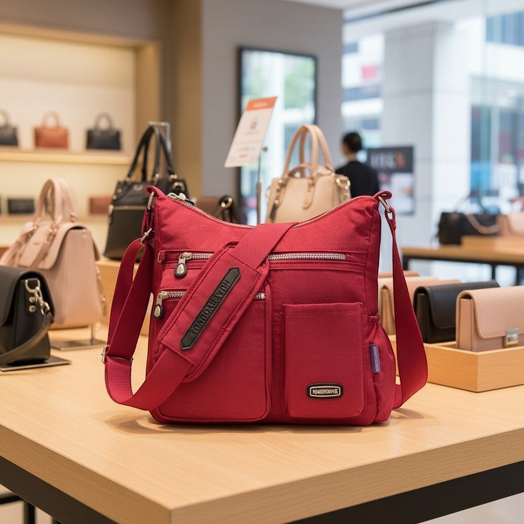ZenZon Nordic red nylon crossbody bag with multiple zipper pockets and adjustable strap displayed in a store