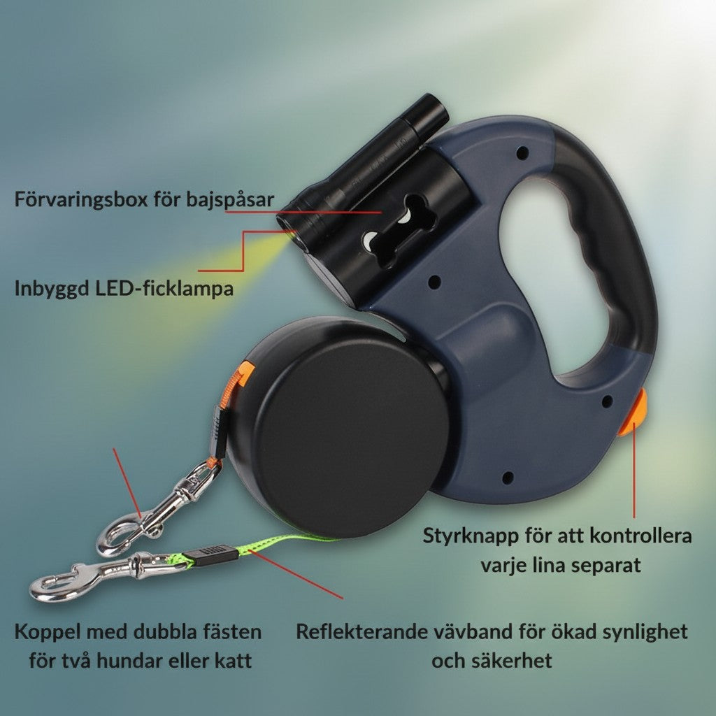 ZenZon Nordic retractable dual dog leash with LED light, poop bag holder, and reflective nylon cords for two pets.