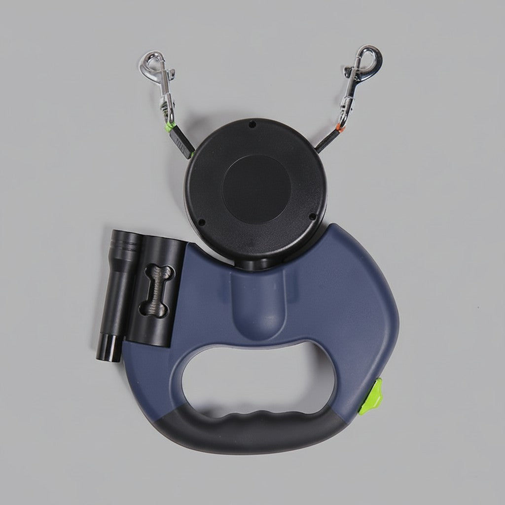 ZenZon Nordic blue retractable dual dog leash with built-in LED flashlight and waste bag holder