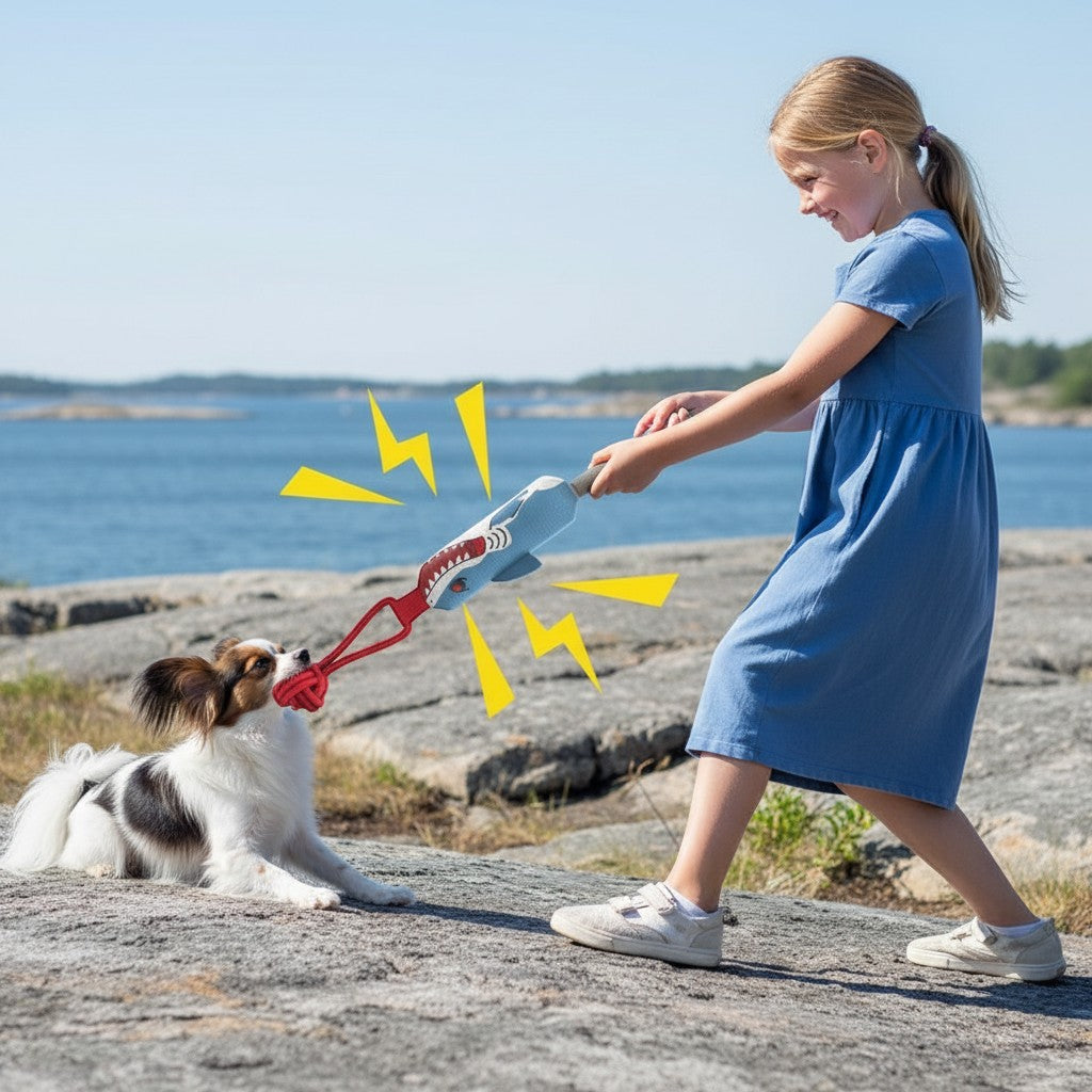 ZenZon Nordic shark-shaped cotton rope dog toy for tug-of-war, being played with by a girl and a dog on rocky coast.