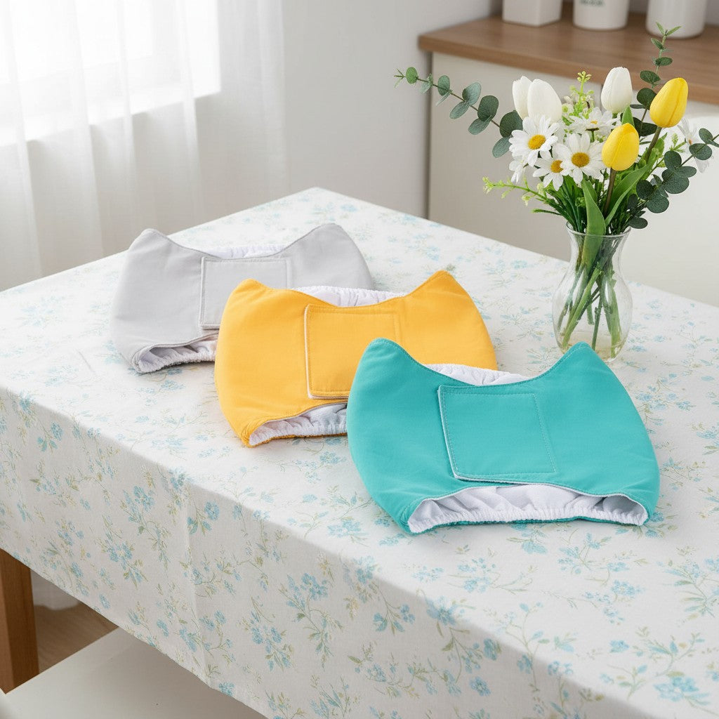ZenZon Nordic washable dog diapers in grey, yellow, and teal. Soft cotton, adjustable velcro closure.