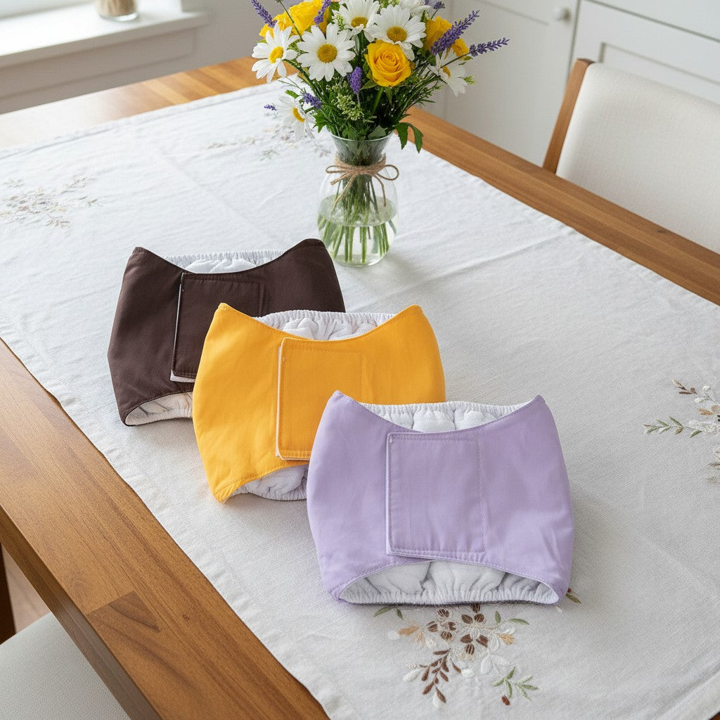 ZenZon Nordic washable male dog wraps in brown, yellow, and light purple. Soft cotton, adjustable velcro closure.