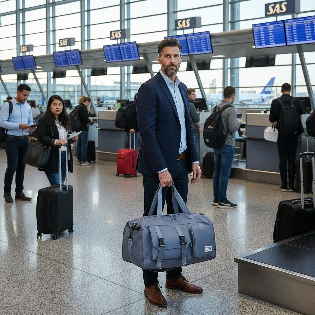 ZenZon Nordic waterproof grey weekend bag with shoe compartment held by a man at an airport terminal