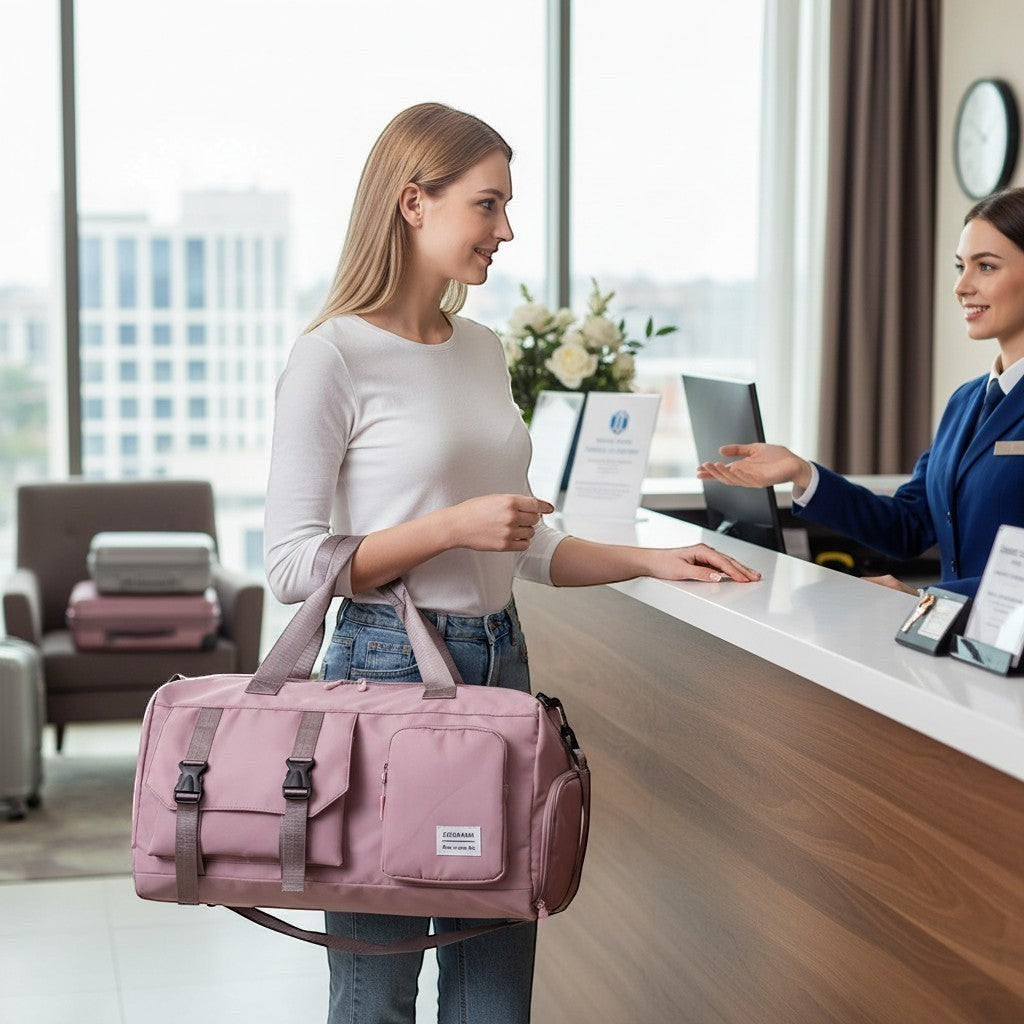 ZenZon Nordic waterproof pink weekend bag with shoe compartment held by a woman at a hotel reception desk