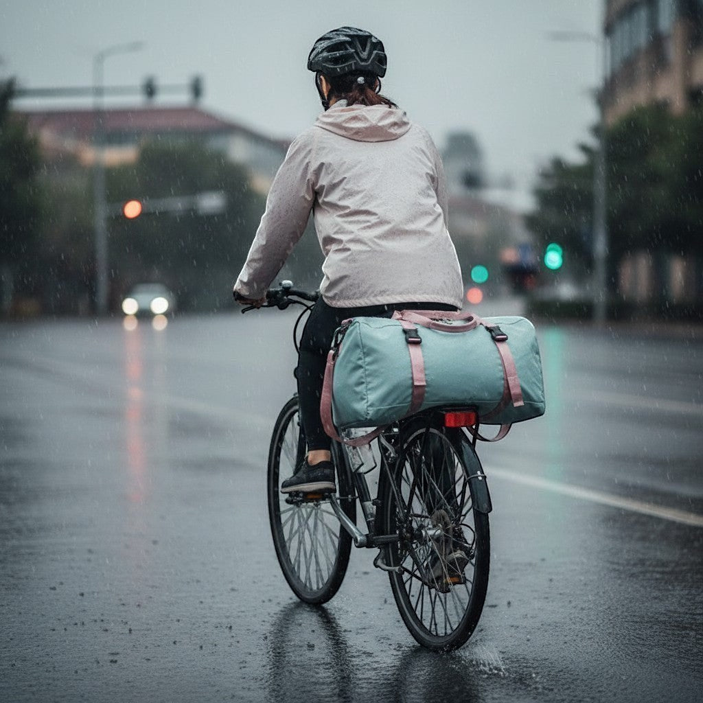 ZenZon Nordic waterproof cloud blue weekend bag with pink straps attached to a bicycle in rainy city weather