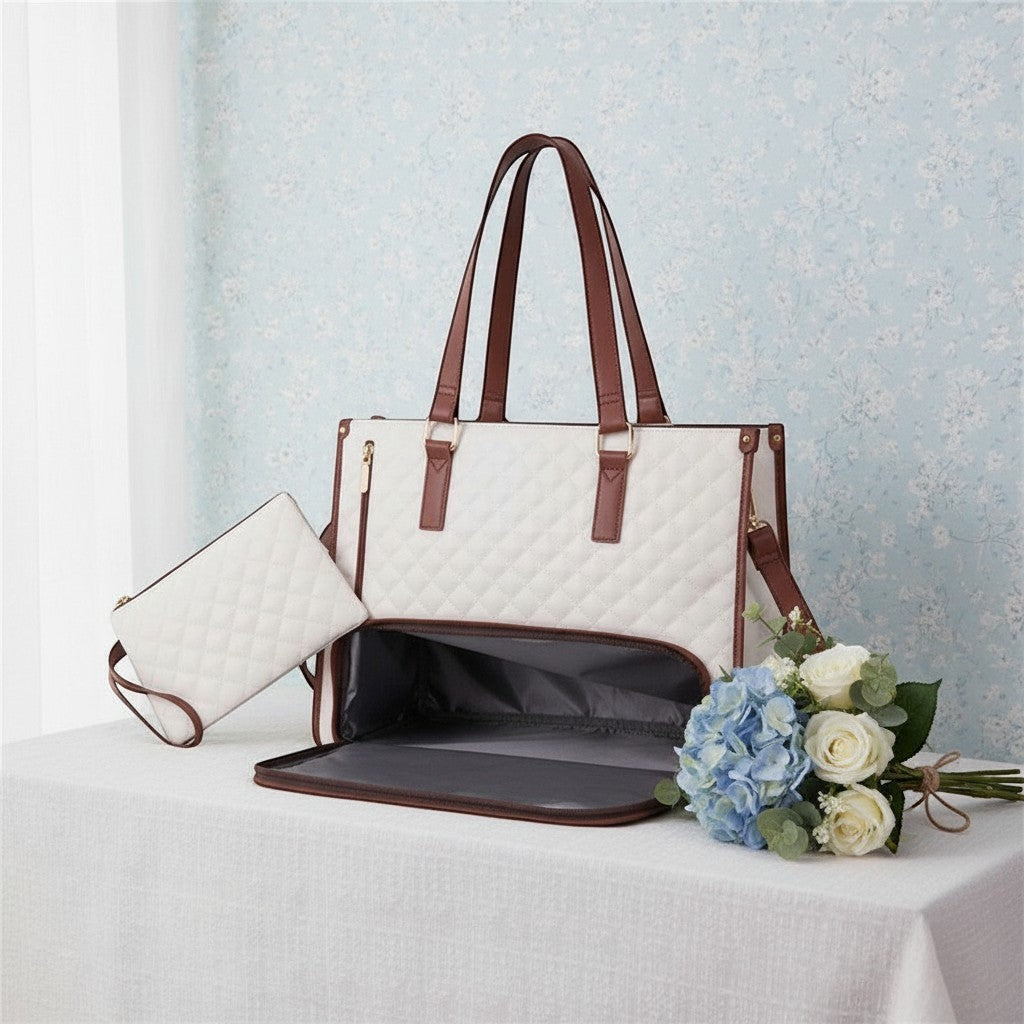 ZenZon Nordic white quilted faux leather tote bag with brown trim, insulated lunch compartment, and matching clutch.