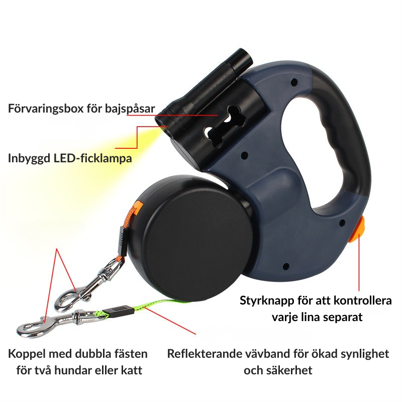 Smidigt och trasselfritt dubbelkoppel med ficklampa och reflex för mindre hundar