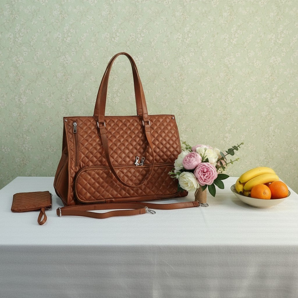 ZenZon Nordic brown quilted faux leather tote bag with insulated lunch compartment and laptop sleeve. Includes matching wallet.
