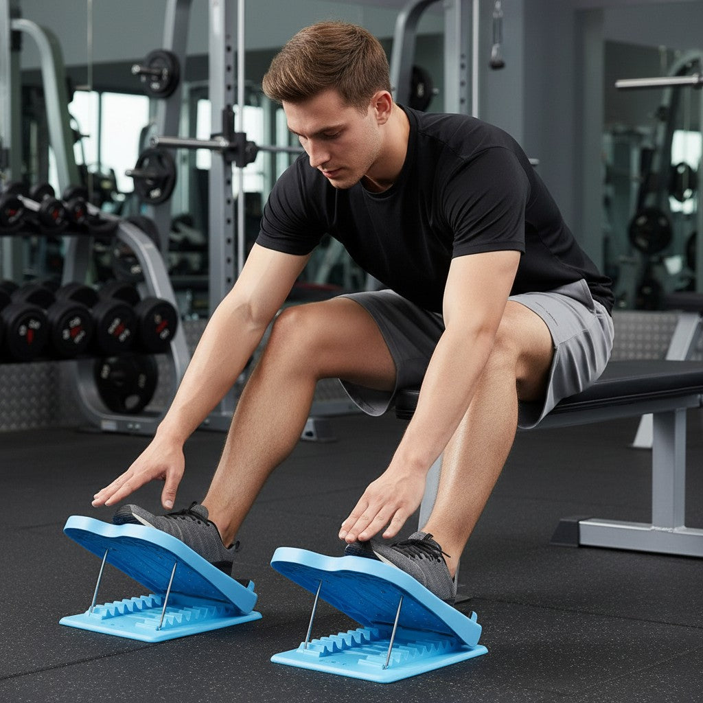 ZenZon Nordic adjustable blue calf stretch board used by a man in a gym to improve ankle and calf flexibility