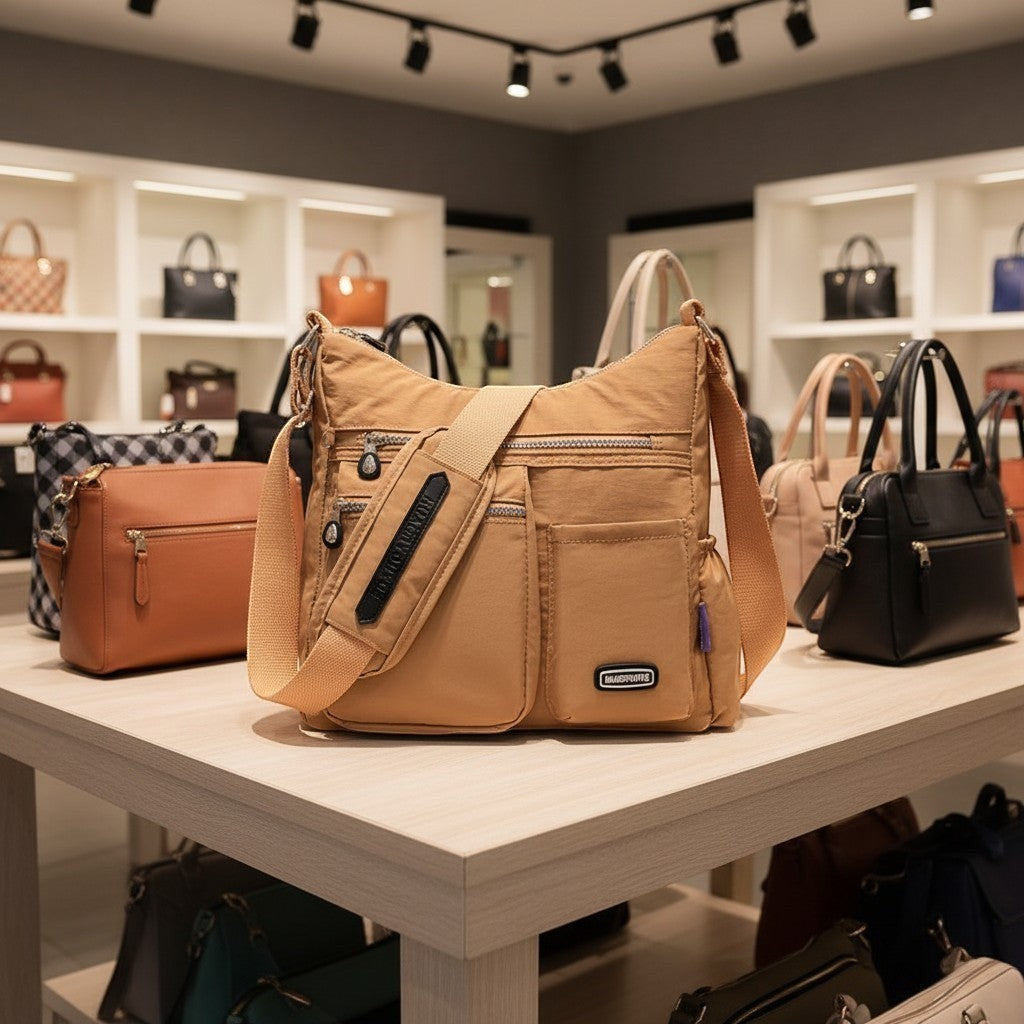 ZenZon Nordic beige nylon crossbody bag with multiple zippered pockets and an adjustable strap in a retail store.