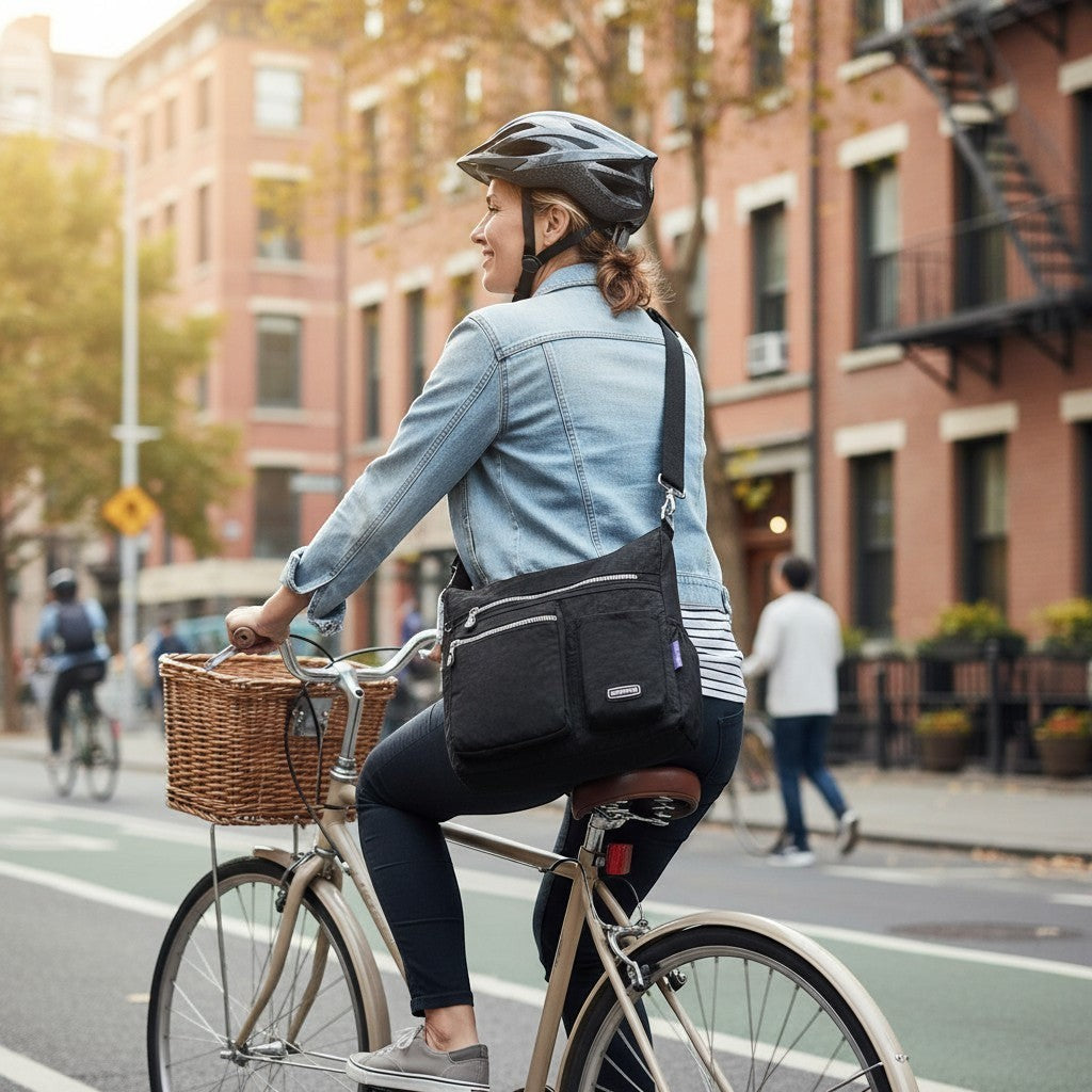 ZenZon Nordic black nylon crossbody bag worn by a woman cycling in the city with a helmet and denim jacket