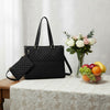 ZenZon Nordic black quilted faux leather tote bag with insulated lunch compartment and matching pouch.