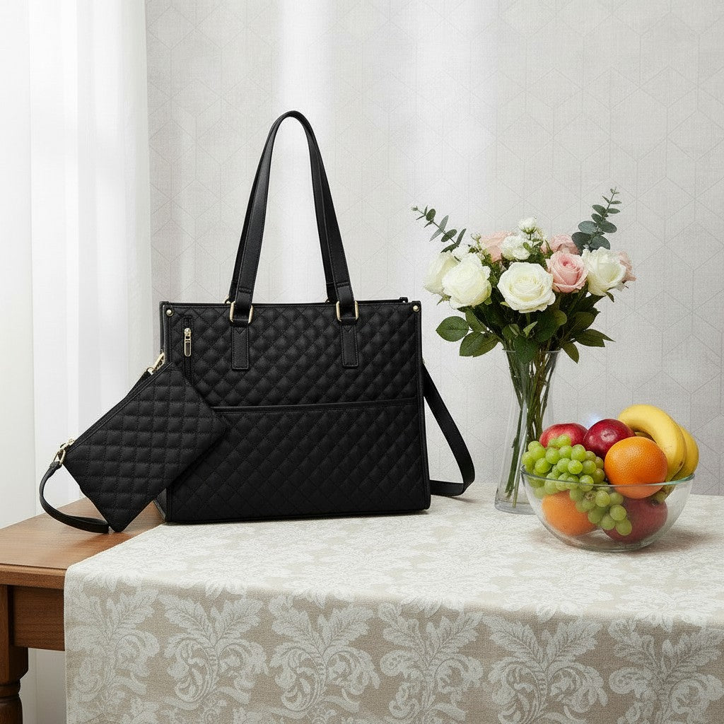 ZenZon Nordic black quilted faux leather tote bag with insulated lunch compartment and matching pouch.