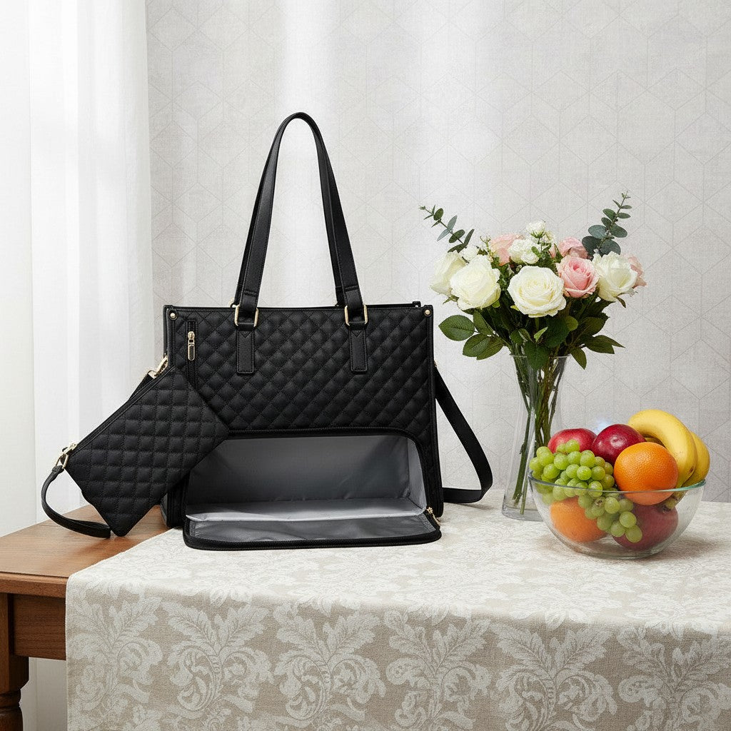 ZenZon Nordic black quilted faux leather tote bag with insulated lunch compartment and matching pouch. Features gold hardware.