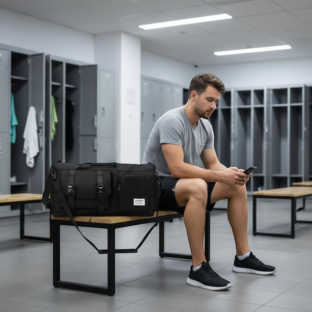 ZenZon Nordic black waterproof weekend bag with shoe compartment sitting on a gym bench next to a man