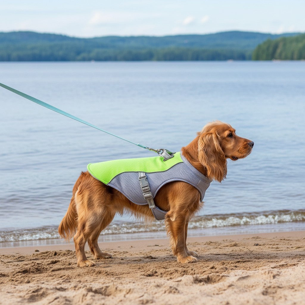 ZenZon Nordic lime green and grey cooling dog vest with UV protection, made of polyester, for summer walks.