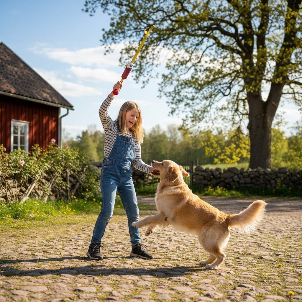 ZenZon Nordic girl playing with a golden retriever using a durable cotton rope dog toy in a sunny outdoor garden