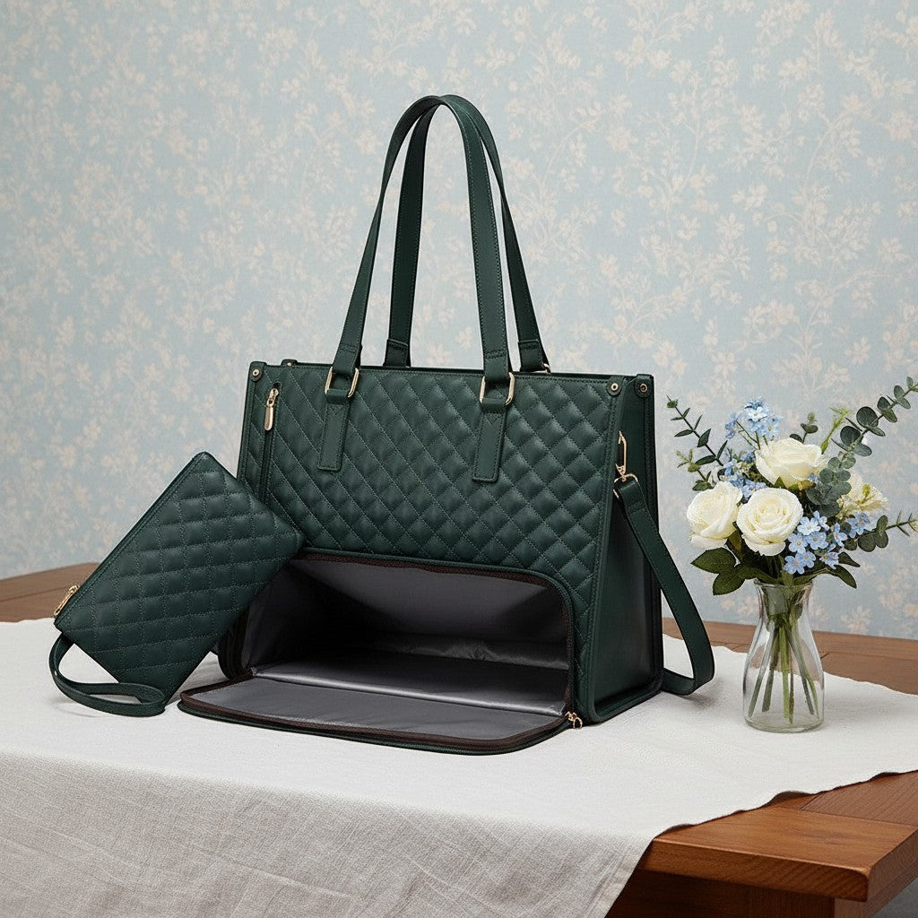 ZenZon Nordic dark green quilted faux leather tote bag with insulated lunch compartment and matching wallet.