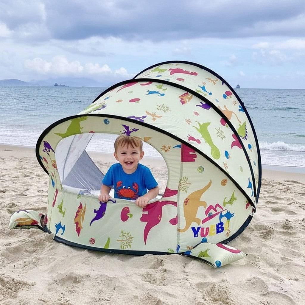 ZenZon Nordic light green pop-up beach tent with colorful dinosaur print, UV protection, and waterproof material.