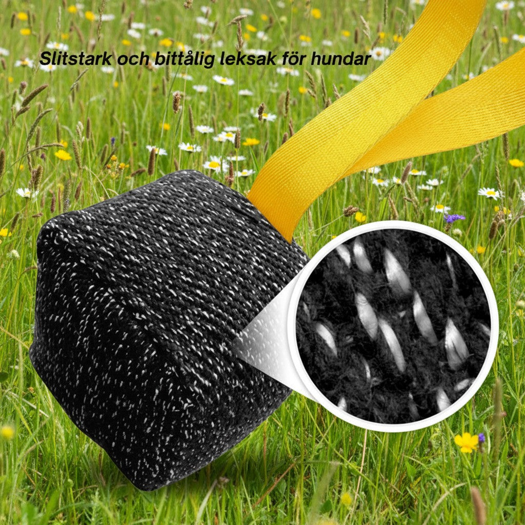 ZenZon Nordic black and speckled dog bite tug toy with yellow handles, made of durable hemp material for training.
