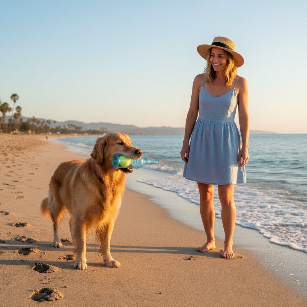 ZenZon Nordic light blue bottle-shaped dog toy with a squeaky tennis ball inside. Made of durable natural rubber.