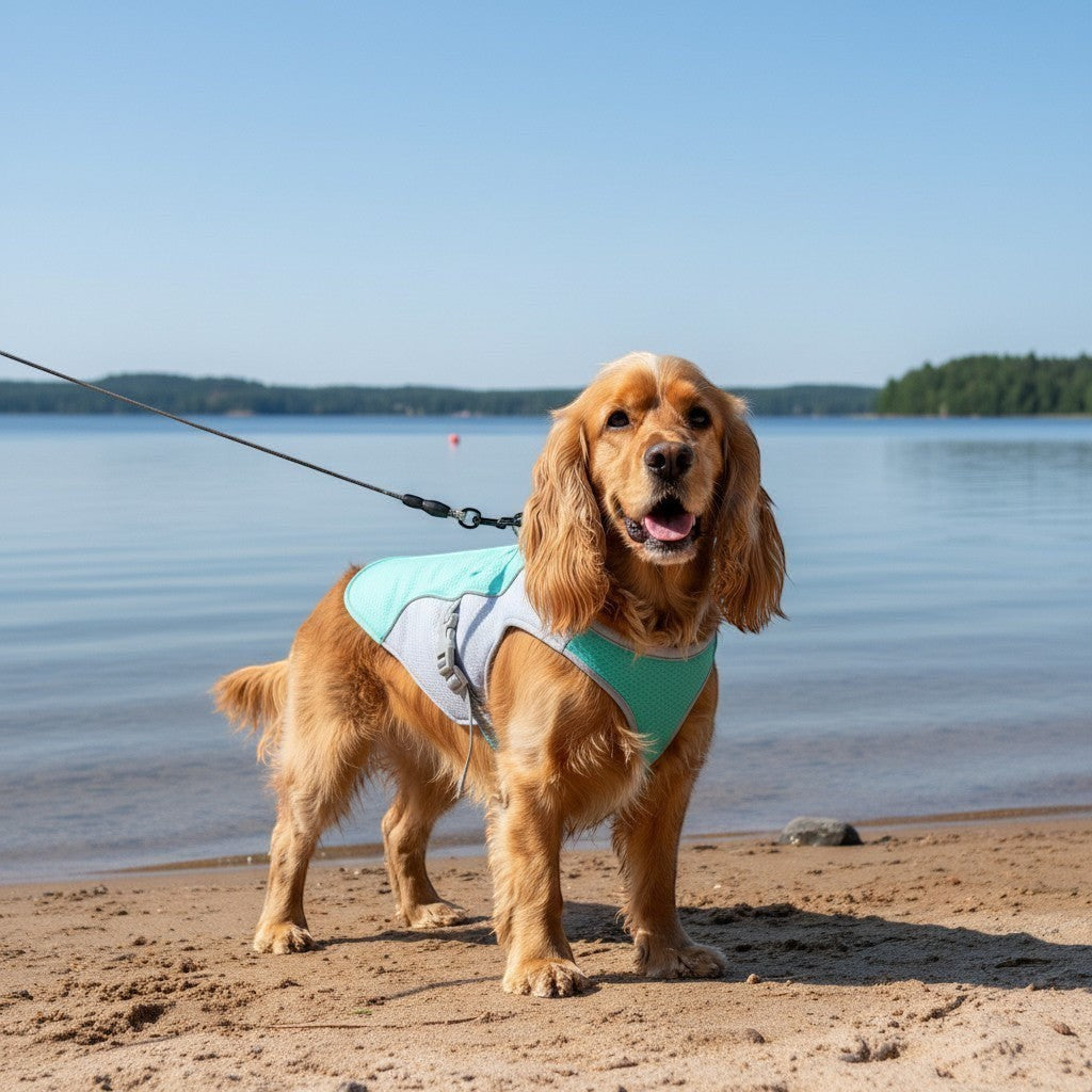 ZenZon Nordic blue and mint green dog cooling vest made of polyester with adjustable straps for summer.